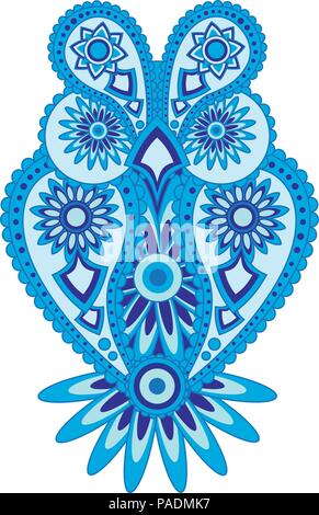 Paisley motivo floreale abstract gufo tono blu Illustrazione a colori Illustrazione Vettoriale