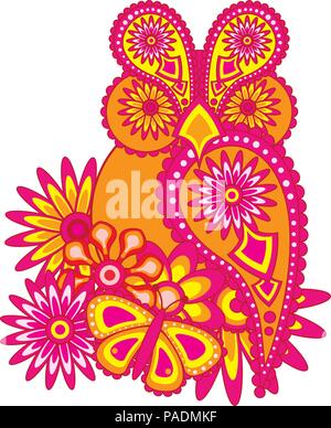 Paisley motivo floreale abstract owl fiori e farfalle Illustrazione a colori Illustrazione Vettoriale