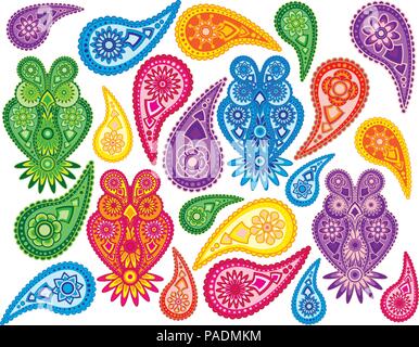 Fiori e Gufi tradizionale design paisley pattern isolato di sfondo su sfondo bianco illustrazione Illustrazione Vettoriale