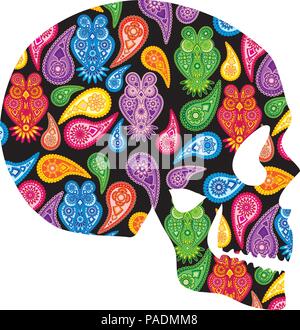 Cranio umano testa silhouette con paisley gufo floreali colorati illustrazione del modello Illustrazione Vettoriale
