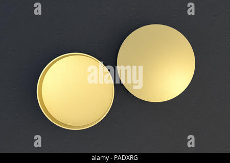 Due gold round astucci aperti e chiusi su sfondo nero. 3d illustrtion Foto Stock