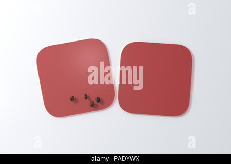 Due quadrati rosso trasparente montagne russe e i chicchi di caffè su sfondo bianco. 3d illustrazione Foto Stock