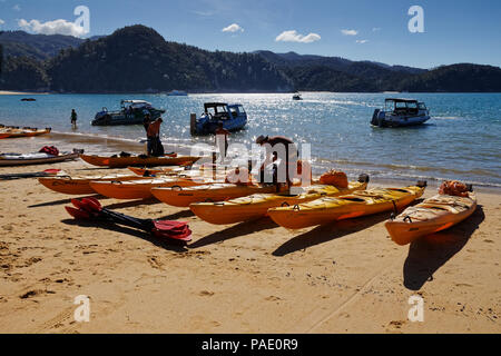 Kayak da mare sulla spiaggia di Baia di ancoraggio, il Parco Nazionale Abel Tasman, Nuova Zelanda Foto Stock