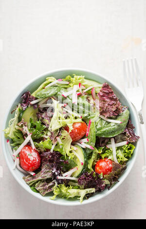 Foglie misti con insalata di pomodori cocktail, cetriolo, ravanello nel condimento cremoso Foto Stock