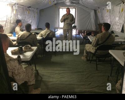 Lt. La Cmdr. Paolo Greer parla ai membri di servizio a una riunione religiosa durante la selezione di armi e tattiche Instructor 2-16 Campo esercizio al Marine Corps Air Station Yuma, Ariz., Marzo 27, 2016. Greer è stata recogized per il 2016 i Cappellani Militari Associazione Distinguished Service Award, e riceve il premio in ottobre 2016. Il premio riconosce un rappresentante di ciascun ramo di servizio per le loro performance e la loro dedizione alle truppe mentre serve come un cappellano. Greer è il cappellano per aeromobili Marine gruppo di controllo 28, ed è la seconda 2a MAW cappellano a vincere il premio per la Marina Foto Stock