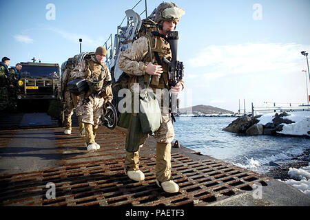 HARSTAD, Norvegia- Marines con società K, 3° Battaglione, xxiv reggimento Marini, 4° Divisione Marine sbarcare un olandese landing craft utility, che li portò da sua maestà dei Paesi Bassi la nave di Rotterdam, 9 marzo. Società K è in Norvegia marzo 4-25 per esercitare la risposta a freddo 2012. La multinazionale invitational evento si concentra su ripassando mid-operazioni di intensità in condizioni invernali e di esercitare l'interoperabilità con gli alleati della NATO. Foto Stock