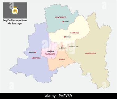 Santiago Regione Metropolitana politica e amministrativa di mappa vettoriale con bandiera. Illustrazione Vettoriale