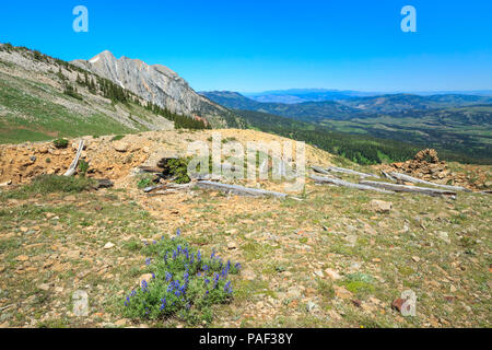 Vecchia miniera shafthouse resti e marcatore di pietra in Monti Bridger vicino a Bozeman, Montana Foto Stock