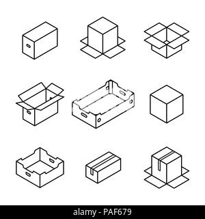 Insieme di diverse scatole di cartone da linee sottili isolati su sfondo bianco. Il confezionamento di elementi di design. Appartamento 3D isometrica stile, illustrazione vettoriale Illustrazione Vettoriale