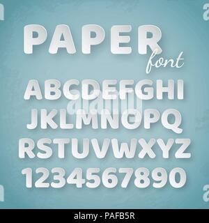 Alfabeto di carta. Le lettere in bianco e i numeri su sfondo blu. Creative divertente font per il modello di progetto Illustrazione Vettoriale