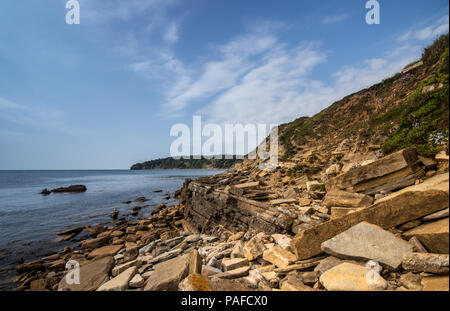 Vista su tutta la baia Durlston verso il castello di Durlston, Swanage, Dorset, Regno Unito Foto Stock