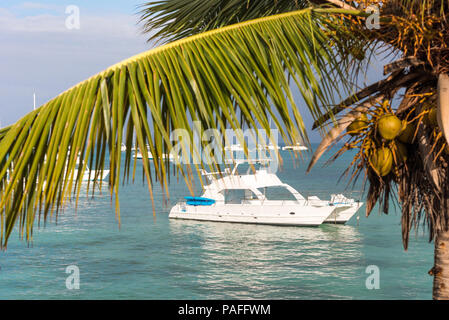 L'uomo nel cappello sulla spiaggia di Bayahibe, La Altagracia, Repubblica Dominicana. Copia spazio per il testo. Vista posteriore. Close-up Foto Stock