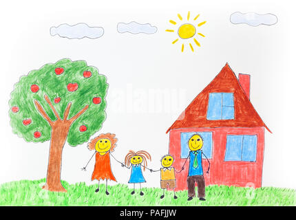 Illustrazione di una famiglia felice con un albero di mele e una casa. Soleggiata giornata estiva. Foto Stock