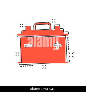 Vector cartoon batteria auto icona segno in stile fumetto. Potenza energetica segno illustrazione pittogramma. Accumulatore Auto business effetto splash concept. Illustrazione Vettoriale