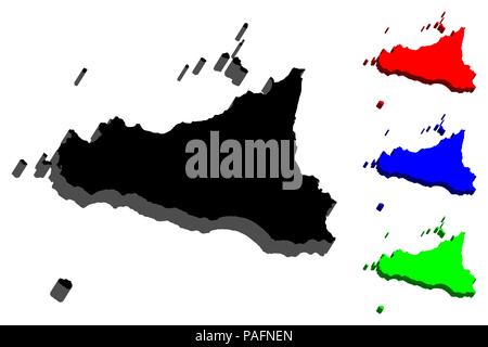 Mappa 3D della Sicilia (Isola d'Italia) - nero, rosso, blu e verde - illustrazione vettoriale Illustrazione Vettoriale