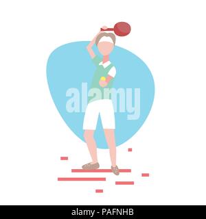 Man ping pong player tenere racket sfondo bianco maschio attività sportiva personaggio dei fumetti a piena lunghezza flat Illustrazione Vettoriale