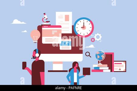 Paio utilizzando analisi gadget online istruzione concetto donna uomo ritratto orizzontale piana Illustrazione Vettoriale