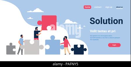 Persone mettere le parti del puzzle di soluzione dei problemi uomo donna team concetto di lavoro orizzontale piana spazio copia illustrazione vettoriale Illustrazione Vettoriale