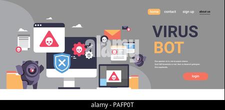 Virus bot robot hacker pericolo pirateria sfondo errore attacco pirata di intelligenza artificiale concetto orizzontale piana banner spazio di copia Illustrazione Vettoriale