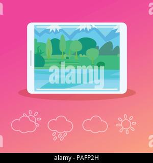 Mobile previsioni meteo applicazione concetto di interfaccia per un lavoro di progettazione e animazione flat Illustrazione Vettoriale