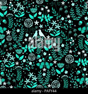 Modello senza cuciture con graziosi piccoli uccelli giovane su doodle flower background. Configurazione vettore. Illustrazione Vettoriale