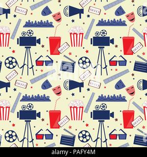 Vettore senza giunture piatte pattern con gli attributi di cinema. Sfondo del filmato Illustrazione Vettoriale