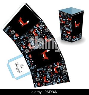 Carino ed elegante scatola di popcorn in doodle stile foresta. Favore, confezione regalo. Basta stampare, tagliare e incollare insieme. Illustrazione Vettoriale