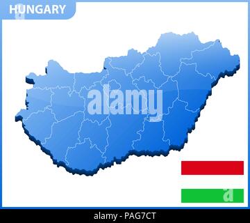 Altamente dettagliata mappa tridimensionale di Ungheria con regioni di confine Illustrazione Vettoriale