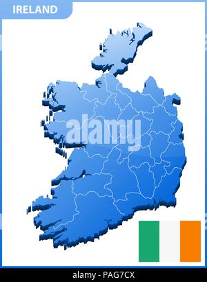 Altamente dettagliata mappa tridimensionale dell'Irlanda con regioni di confine Illustrazione Vettoriale