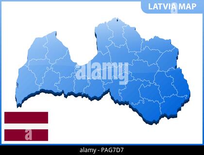 Altamente dettagliata mappa tridimensionale della Lettonia con regioni di confine Illustrazione Vettoriale