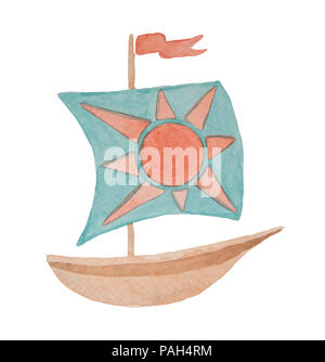 Bella nave con grandi vele su uno sfondo bianco dipinti ad acquerello Foto Stock