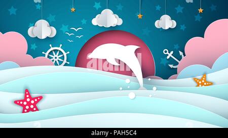 Fumetto illustrazione del mare. Dolphin, cloud star. Illustrazione Vettoriale
