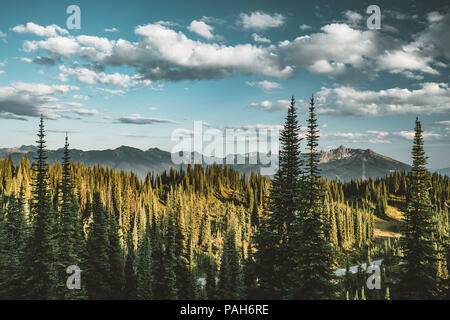 Vista da Mount Revelstoke attraverso la foresta con cielo blu e nuvole. British Columbia Canada. Foto Stock