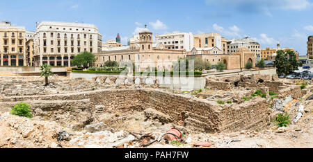 Panorama delle rovine romane e Saint Georges Cattedrale Ortodossa nel centro cittadino di Beirut Central District, Libano Foto Stock