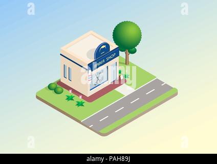Layout isometrica del barbiere, edificio con cartello, alberi, prato, infrastrutture stradali. Illustrazione Vettoriale design concept per i saloni per parrucchieri. Illustrazione Vettoriale