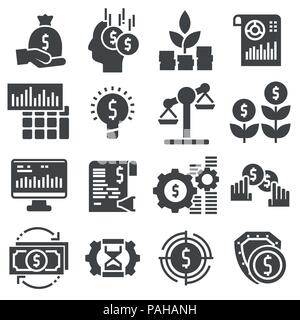 Gli investimenti di vettore icona impostare in linea sottile stile su sfondo grigio Illustrazione Vettoriale