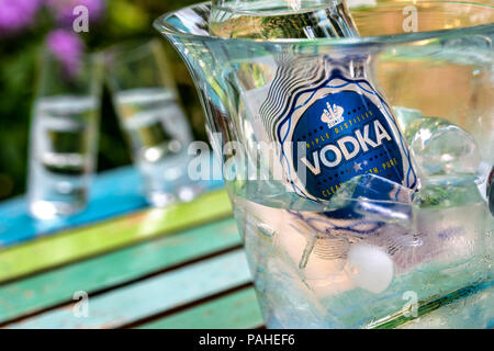 La vodka bottiglia su ghiaccio in cristallo e bibite in tarda estate il sole sul fresco giardino floreale terrazza tabella Foto Stock