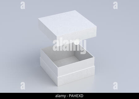 Aperto vuoto bianco scatola quadrata con coperchio volando sopra la casella su sfondo bianco . 3d'illustrazione. Foto Stock