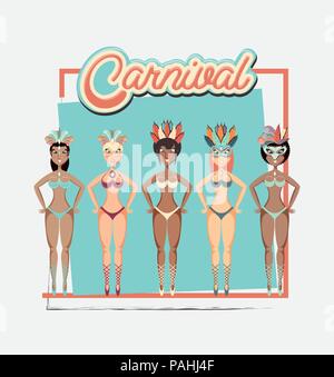 Gruppo di belle ragazze carnevale caratteri illustrazione vettoriale design Illustrazione Vettoriale