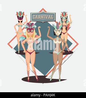 Gruppo di belle ragazze carnevale caratteri illustrazione vettoriale design Illustrazione Vettoriale