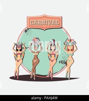 Gruppo di belle ragazze carnevale caratteri illustrazione vettoriale design Illustrazione Vettoriale