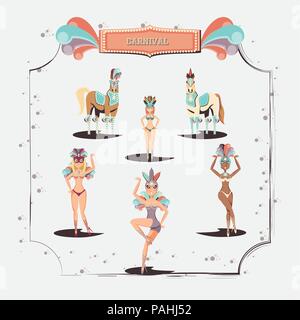 Gruppo di belle ragazze e cavalli caratteri di carnevale illustrazione vettoriale design Illustrazione Vettoriale