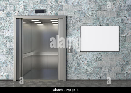 Ascensore con le porte aperte e vuoto poster orizzontale nella parete di un ufficio moderno lobby. Includere il percorso di clipping intorno al poster di uno spazio pubblicitario. 3D render Foto Stock