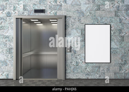 Ascensore con le porte aperte e blank verticale di un poster o un cartellone in ufficio moderno lobby. Includere il percorso di clipping intorno all annuncio tramite Affissioni spazio. 3d stracciatevi Foto Stock