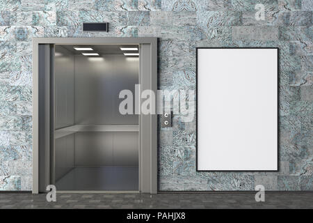 Ascensore con le porte aperte e blank verticale di un poster o un cartellone in ufficio moderno lobby. Includere il percorso di clipping intorno all annuncio tramite Affissioni spazio. 3d stracciatevi Foto Stock