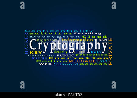 La parola crittografia e parole correlate su uno sfondo blu Foto Stock