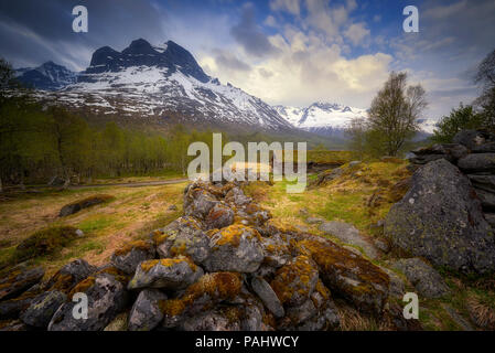 Pittoreschi cottage turistici nella valle Innerdalen nel nord della Norvegia Foto Stock