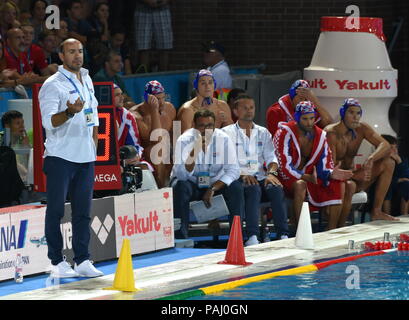 Budapest, Ungheria - Lug 27, 2017. Ivica TUCAK head coach e il croato gli uomini del team di pallanuoto in finale. FINA di pallanuoto Campionato Mondiale si è svolta Foto Stock