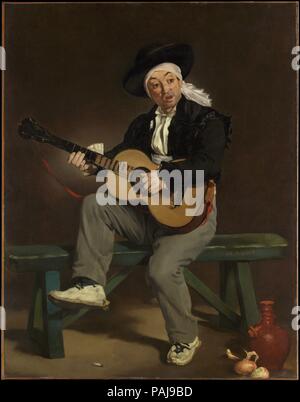 Il cantante spagnolo. Artista: Édouard Manet (francese, Parigi Parigi 1832-1883). Dimensioni: 58 x 45 in. (147,3 x 114,3 cm). Data: 1860. Questo dipinto, che riflette la moda Parigina per lo spagnolo arte e cultura durante il Secondo Impero, Manet ha vinto il suo primo popolari e di successo di critica al suo debutto al salone del 1861. Se la foto è stata ammirata per la sua dettagli realistici, Manet non nascondere il fatto che esso è stato composto in un studio utilizzando un modello e puntelli. Il mancino cantante detiene una chitarra infilate per una con la mano destra che con la mano il giocatore e la sua diteggiatura suggerisce che egli non ha familiarità con gli ins Foto Stock