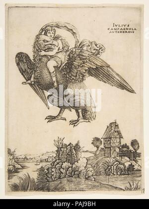 Ganimede come un giovane ragazzo in sella a una grande aquila (Zeus) in volo sopra un paesaggio. Artista: Giulio Campagnola (italiano, Padova ca. 1482-ca. 1515/18 Venezia); ?dopo Andrea Mantegna (italiano, Isola di Carturo 1430/31-1506 Mantova). Dimensioni: foglio: 6 7/8 × 5 1/16 in. (17,5 × 12,8 cm) Piastra: 6 5/8 × 4 13/16 in. (16,9 × 12,2 cm). Data: ca. 1500-1505. La gioventù estreme del ragazzo rappresentato da Campagnola, insieme con la sua volenterosa partecipazione al suo rapimento da Giove sotto le mentite spoglie di un'aquila, suggerisce che una lettura neoplatoniche del mito può essere destinato. Inizio con il moralized versioni di Foto Stock